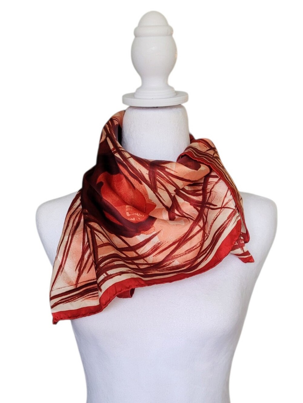 Vintage Abstract Floral Scarf Square Red Burgundy Cream Made In Italy